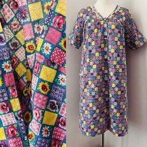 70s Vintage HABAND House Dress Checker Floral Pink Lace Purple Large Groovy